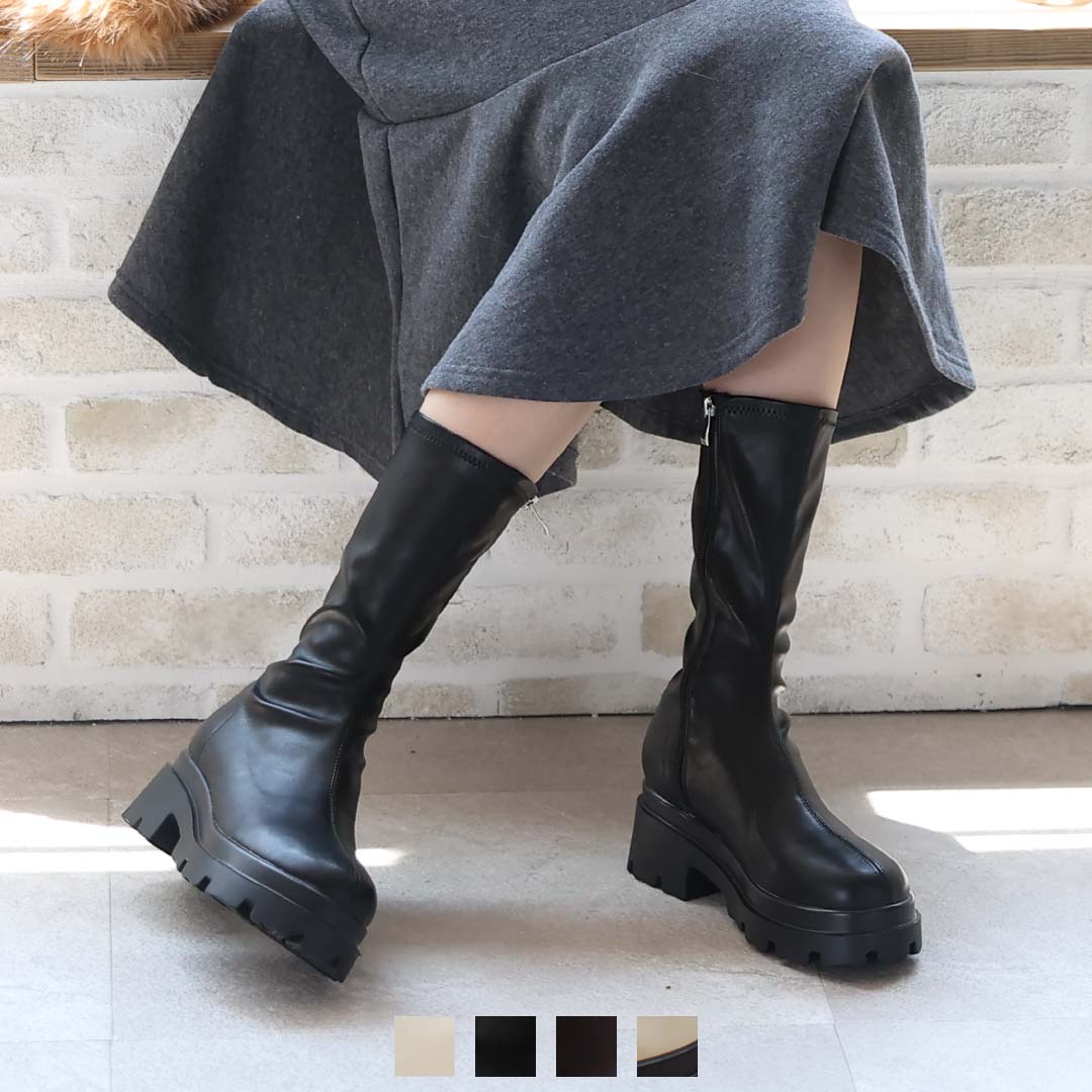 厚底ストレッチミドルブーツ