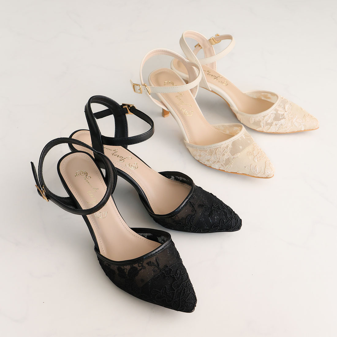 シアーチュールレースグリッターヒールストラップパンプス