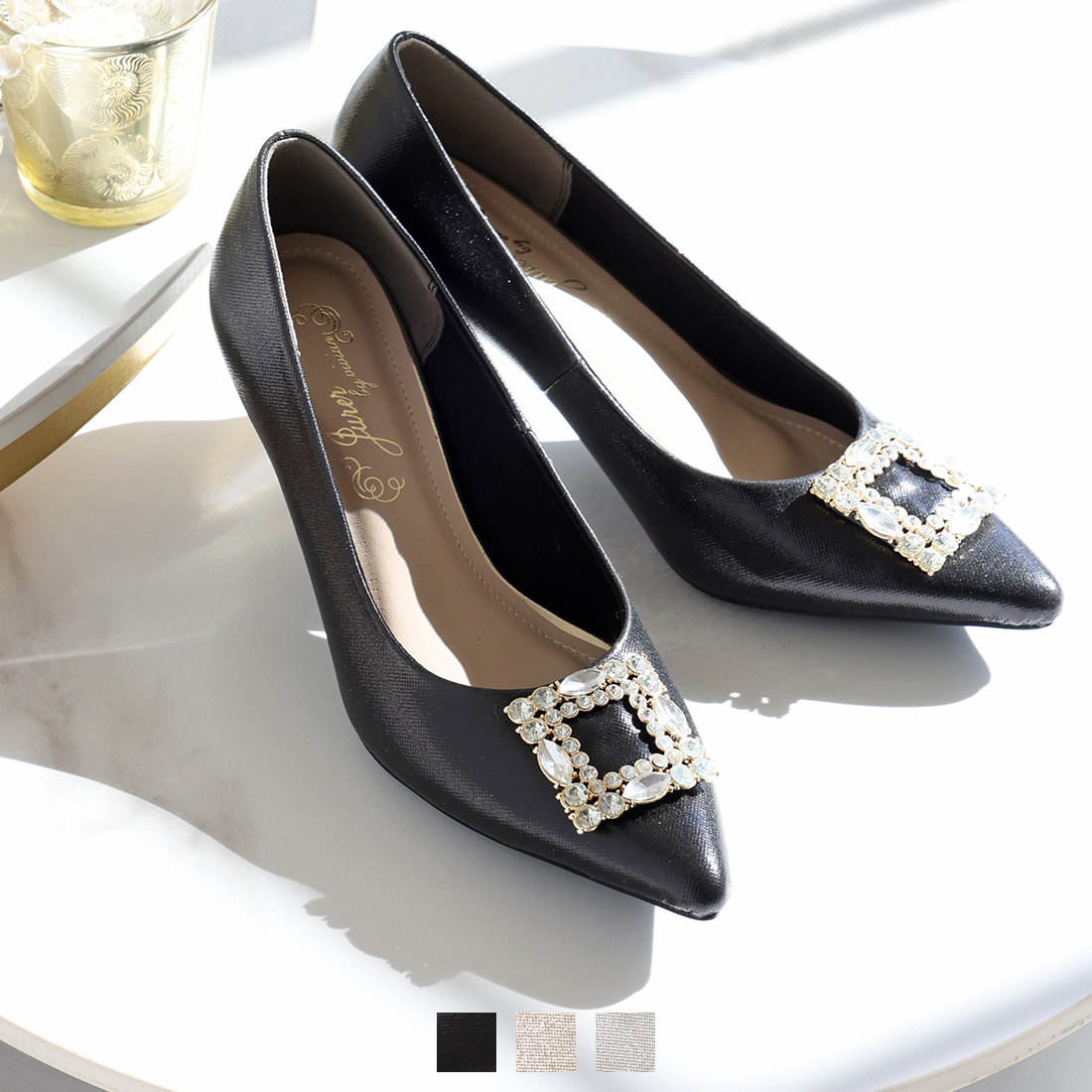 ポインテッドトゥビジューバックルパンプス