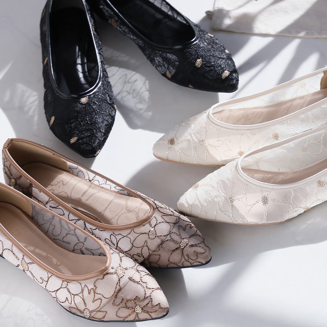 シアーフラワーレースフラットパンプス