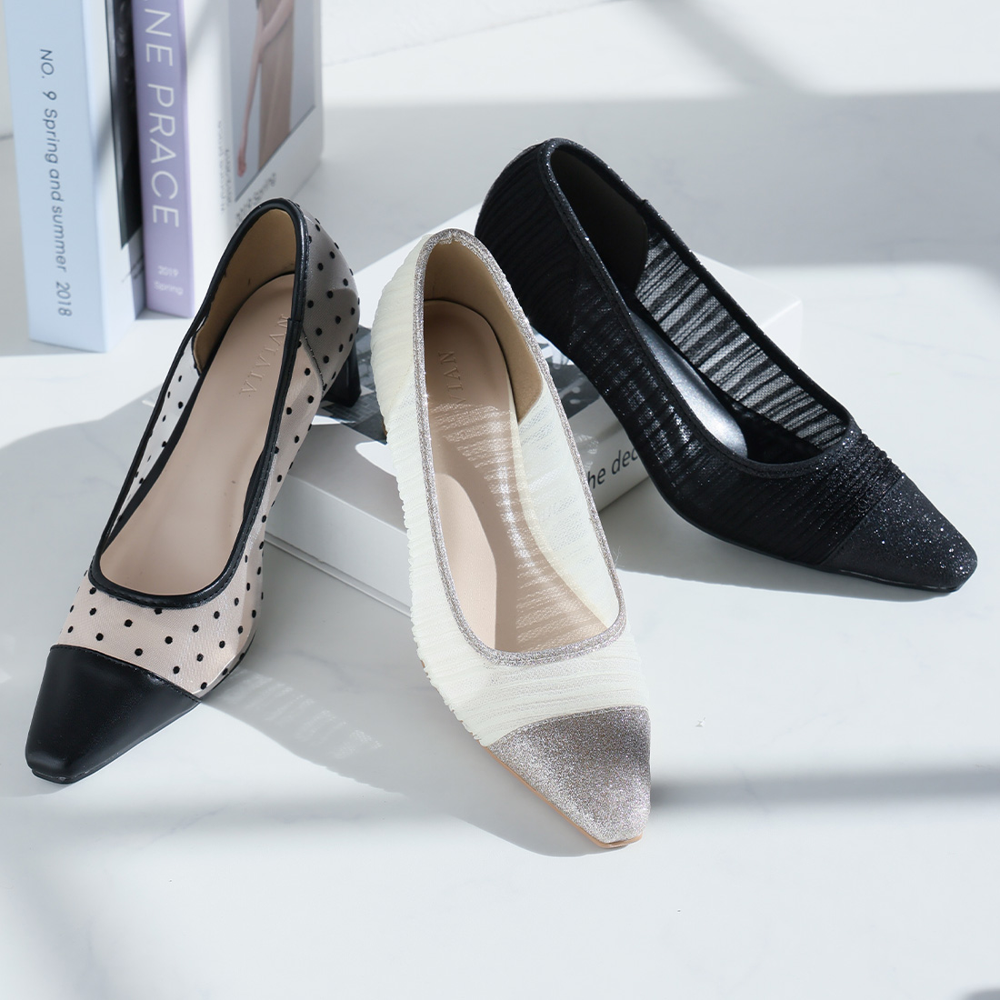 シアーバイカラープレートヒールパンプス