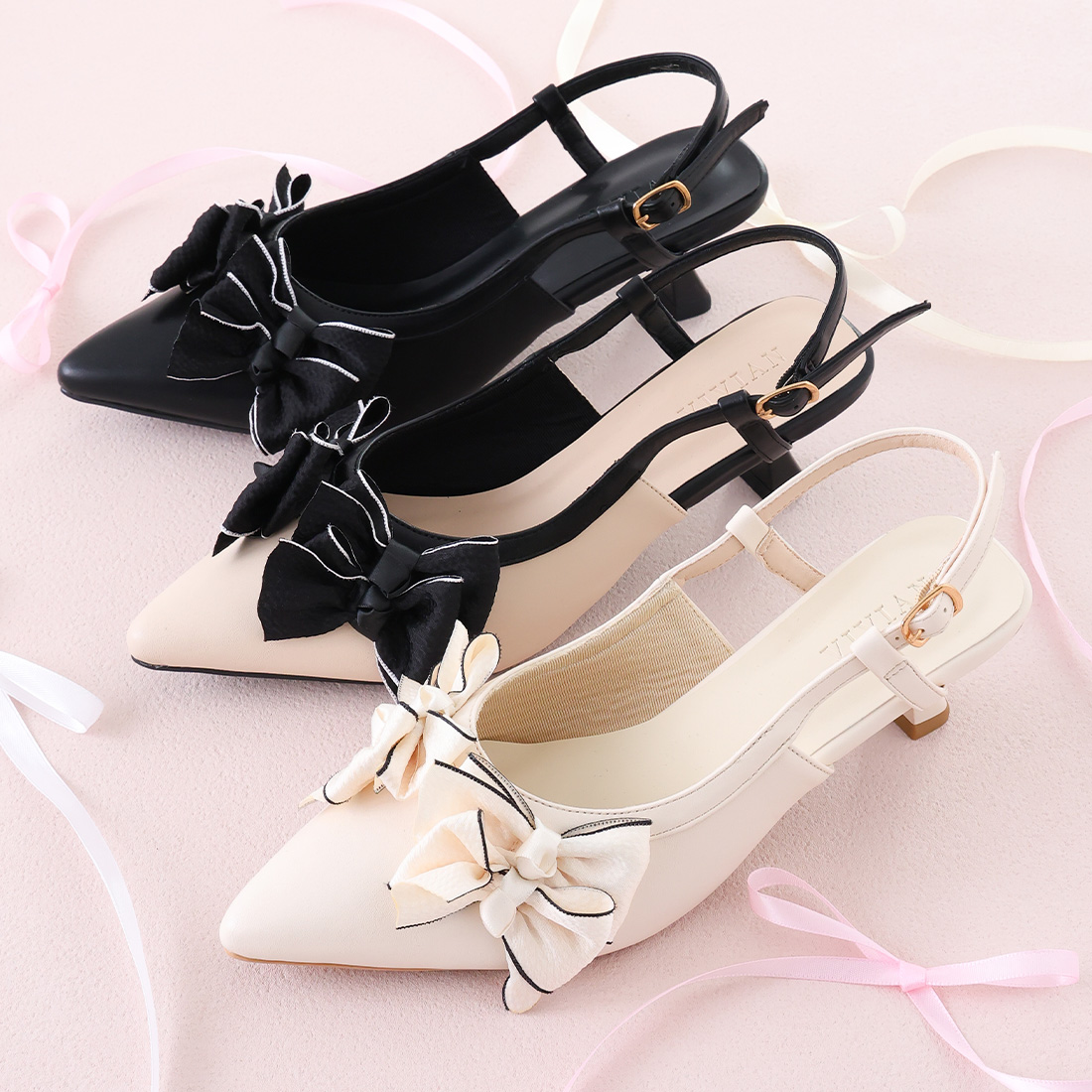 メニーリボンスリングバックパンプス