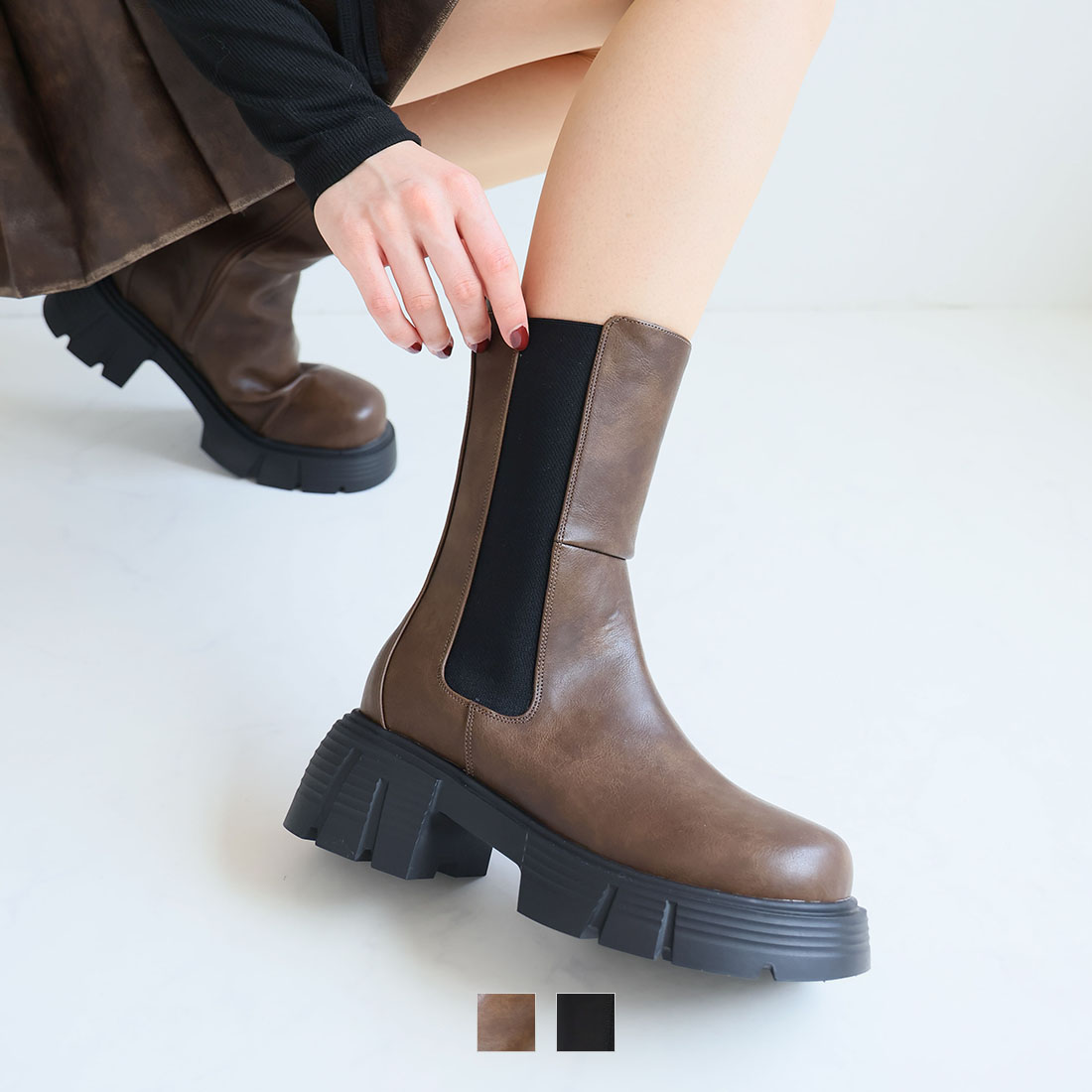 厚底トラックソールサイドゴアミドルブーツ