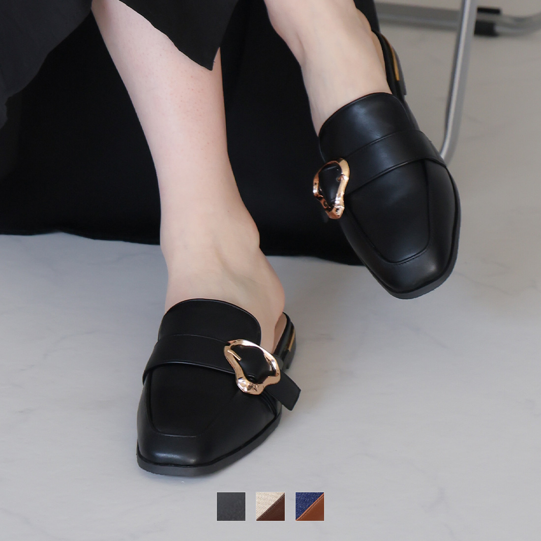 モチーフバックルベルトローファースリッパ