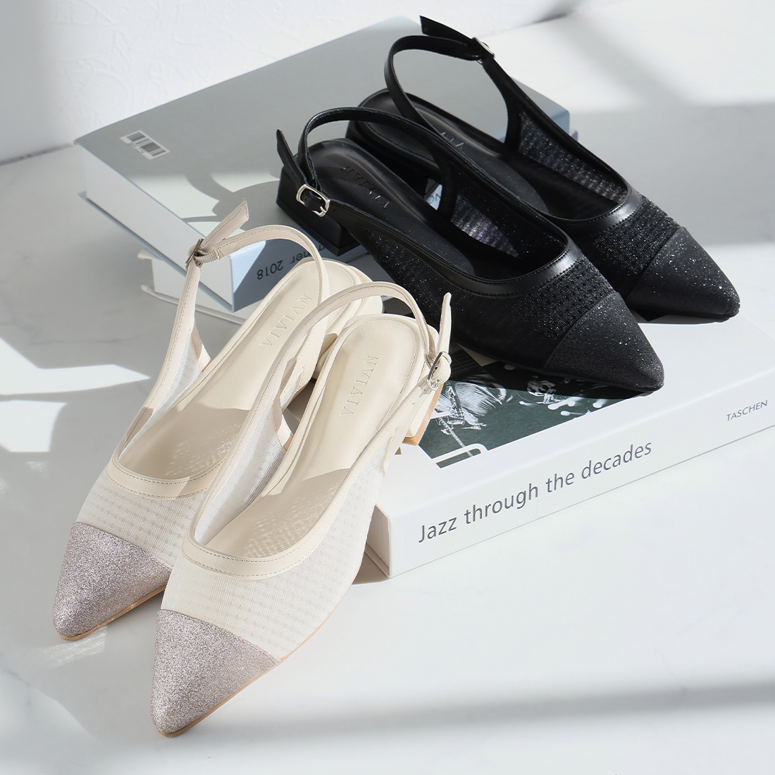 シアーバイカラースリングバックパンプス