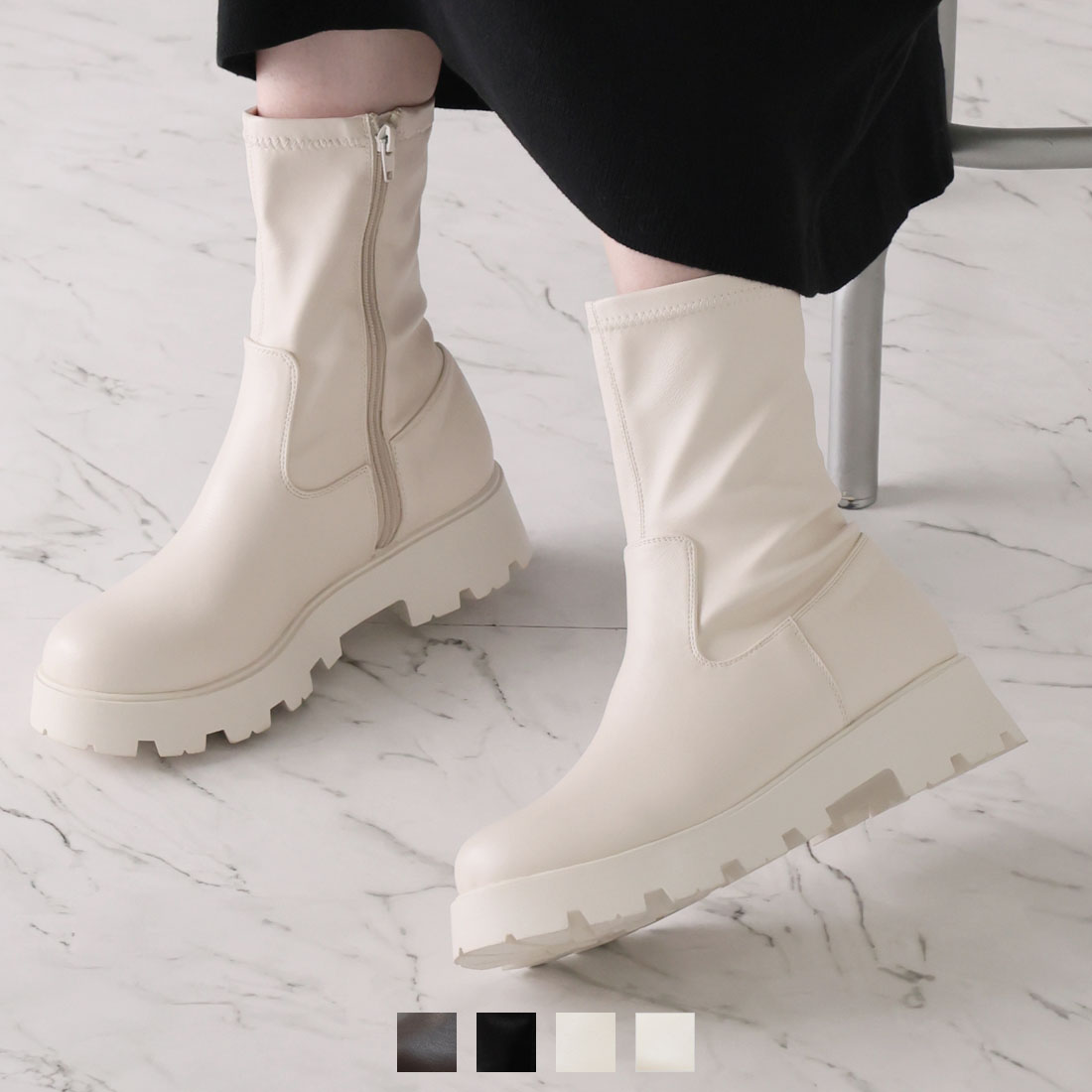 厚底インヒールストレッチミドルブーツ
