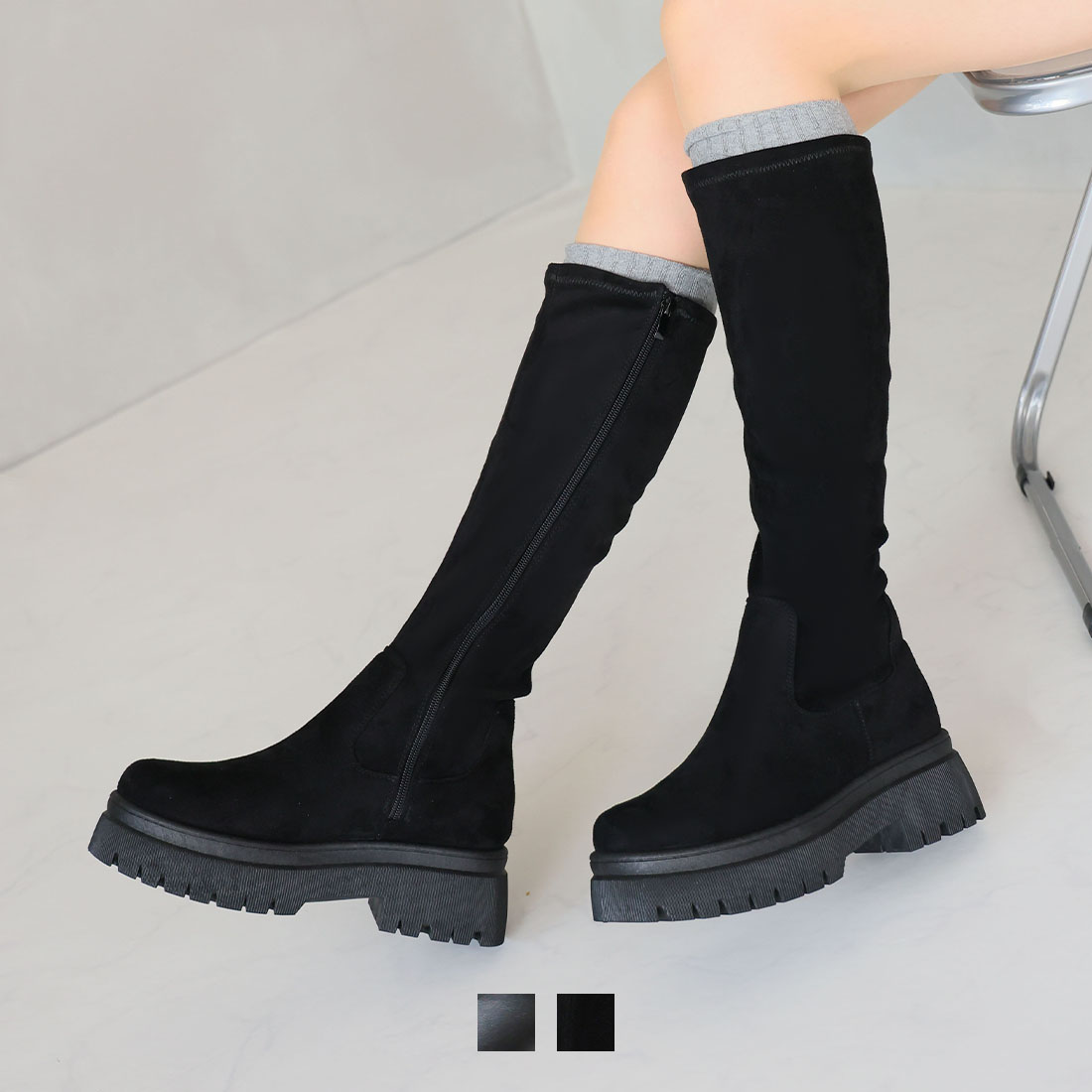 厚底フィットストレッチロングブーツ