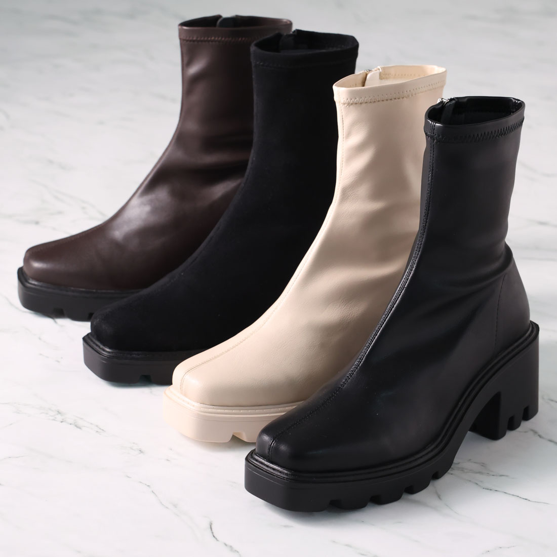 スクエアトゥ厚底ストレッチショートブーツ