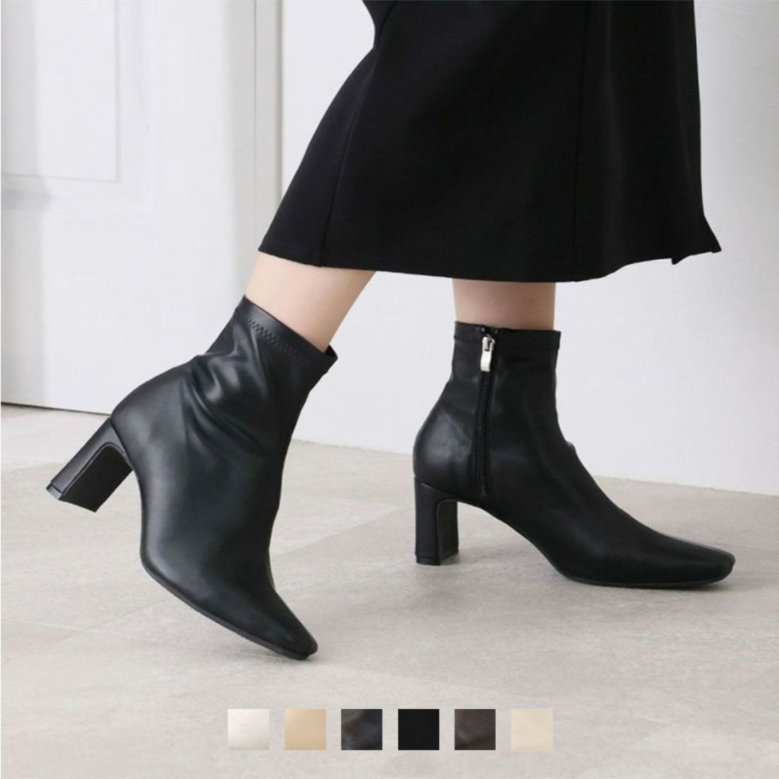 スクエアトゥプレートヒールストレッチショートブーツ