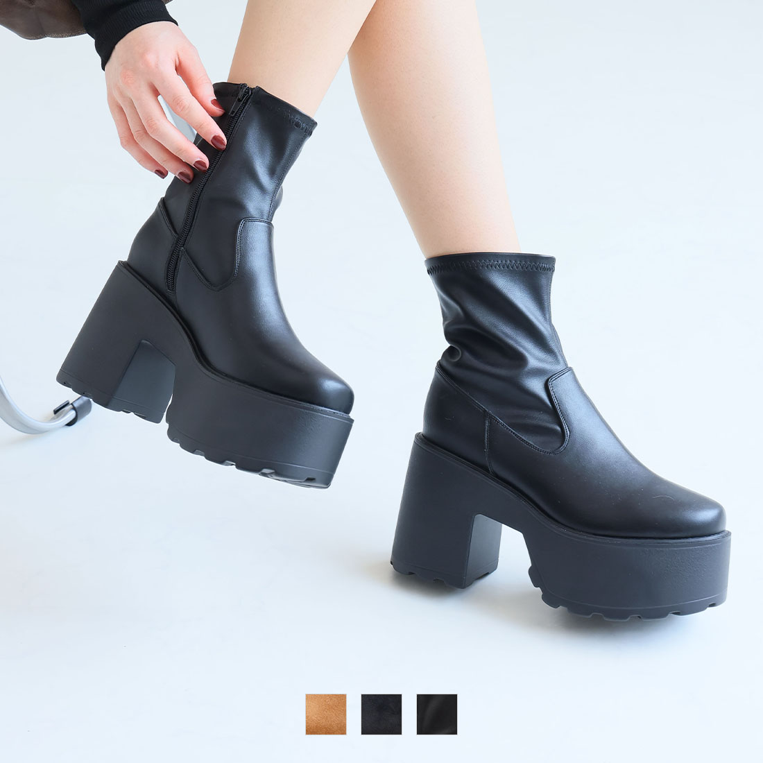 厚底プラットフォームチャンキーヒールストレッチブーツ