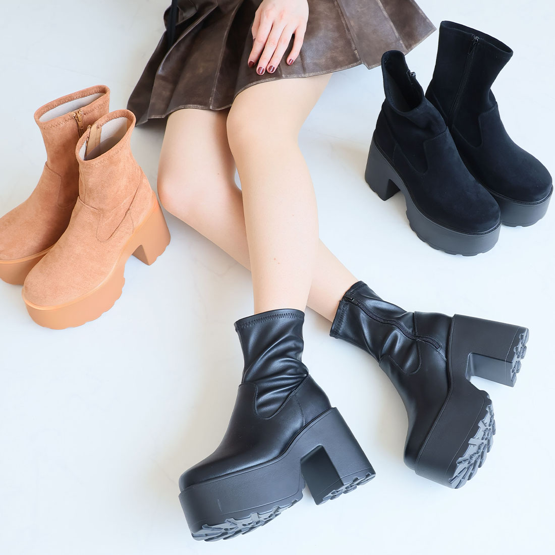 厚底プラットフォームチャンキーヒールストレッチブーツ 