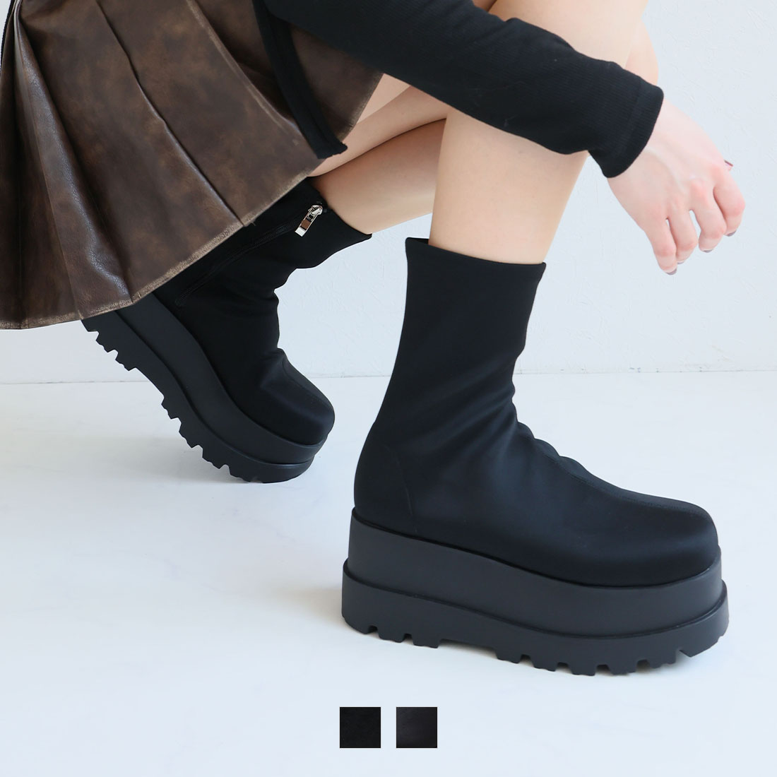 厚底ウェッジストレッチブーツ