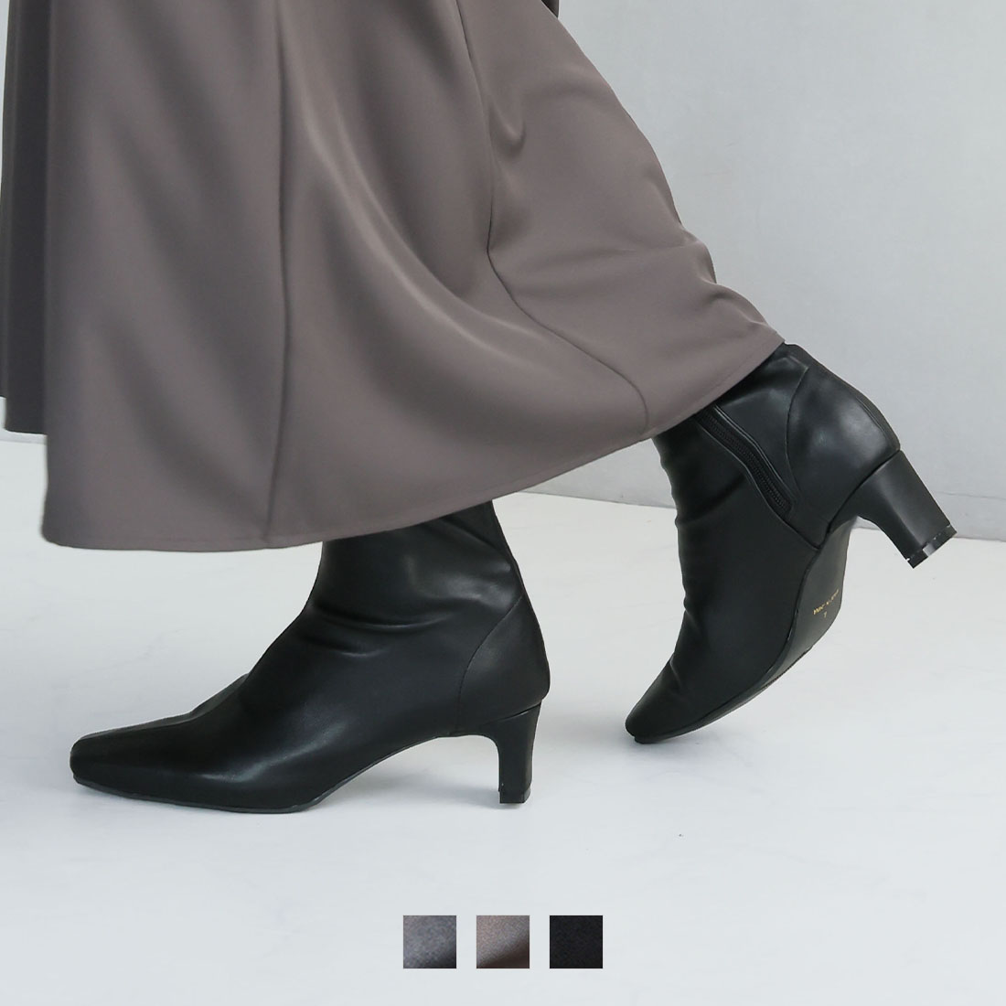 プレートヒールストレッチショートブーツ