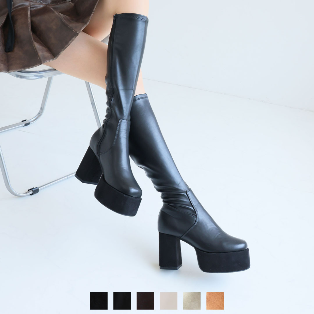 スクエアトゥ厚底プラットフォームストレッチロングブーツ