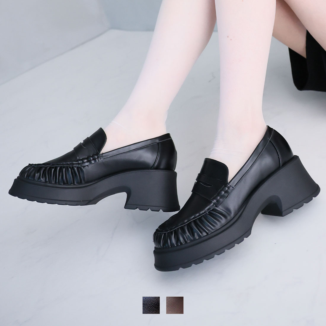 厚底ギャザーローファー