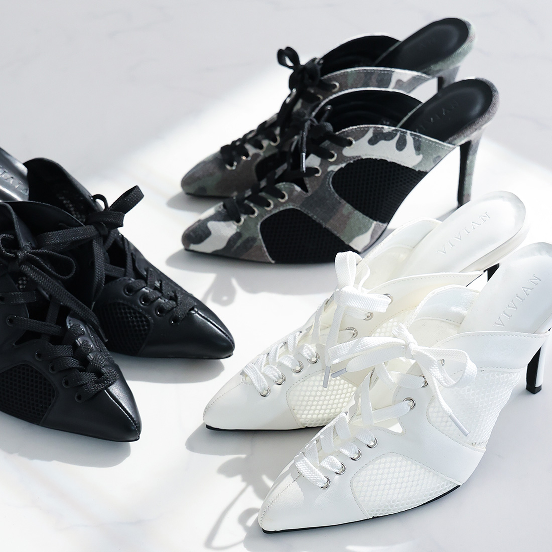 ポインテッドトゥシアーピンヒールスニーカーミュール