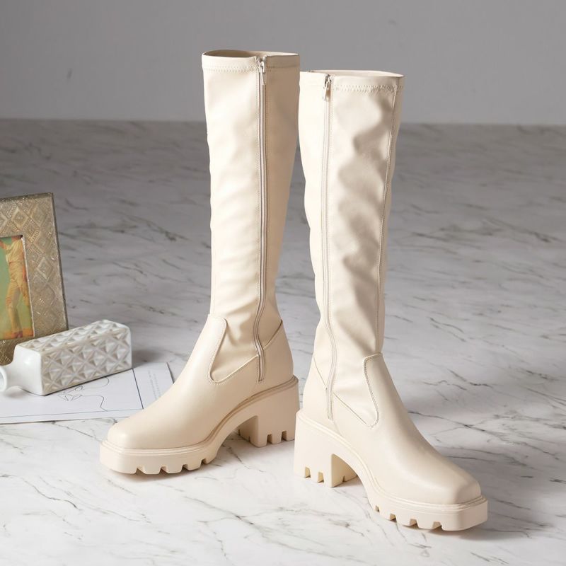 スクエアトゥ厚底ストレッチロングブーツ ｜靴・レディースシューズの