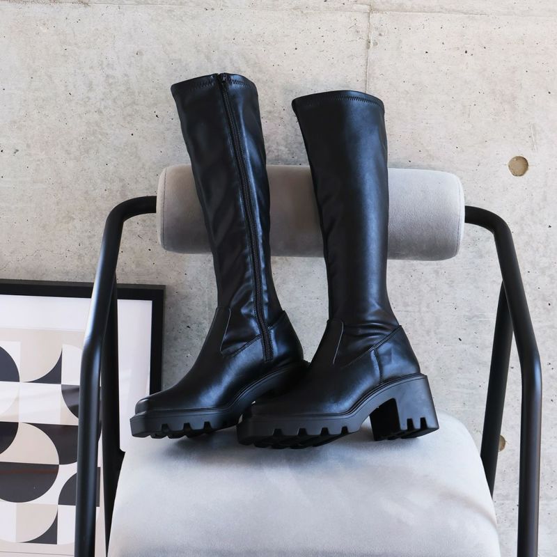 スクエアトゥ厚底ストレッチロングブーツ ｜靴・レディースシューズの
