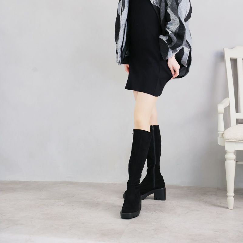 スクエアトゥ厚底ストレッチロングブーツ ｜靴・レディースシューズの