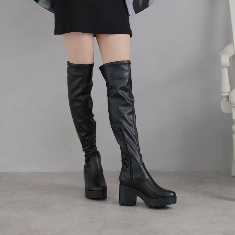 公式ストア/ZOZO限定】ラウンドトゥ厚底ストレッチニーハイ