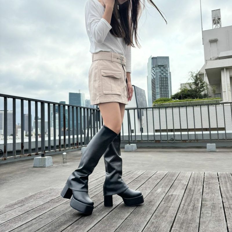 厚底プラットフォームストレッチ2WAYカバーブーツ ｜靴