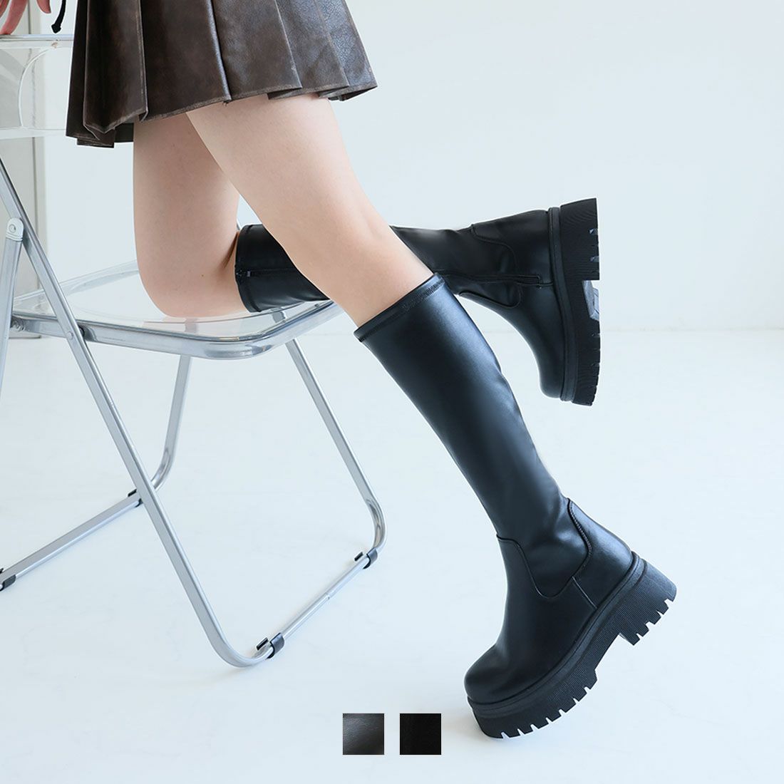 早い者勝ち⭐️MICHEL VIVIEN ブラックフリンジロングブーツ　新品 公式ストア/ZOZO限定】プラットフォームストレッチロングブーツ ｜靴